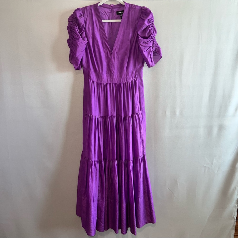ME+EM Purple Cotton Silk Tiered Maxi Dress Ruched Puff Shoulder - Size 6 - Picture 2 of 8